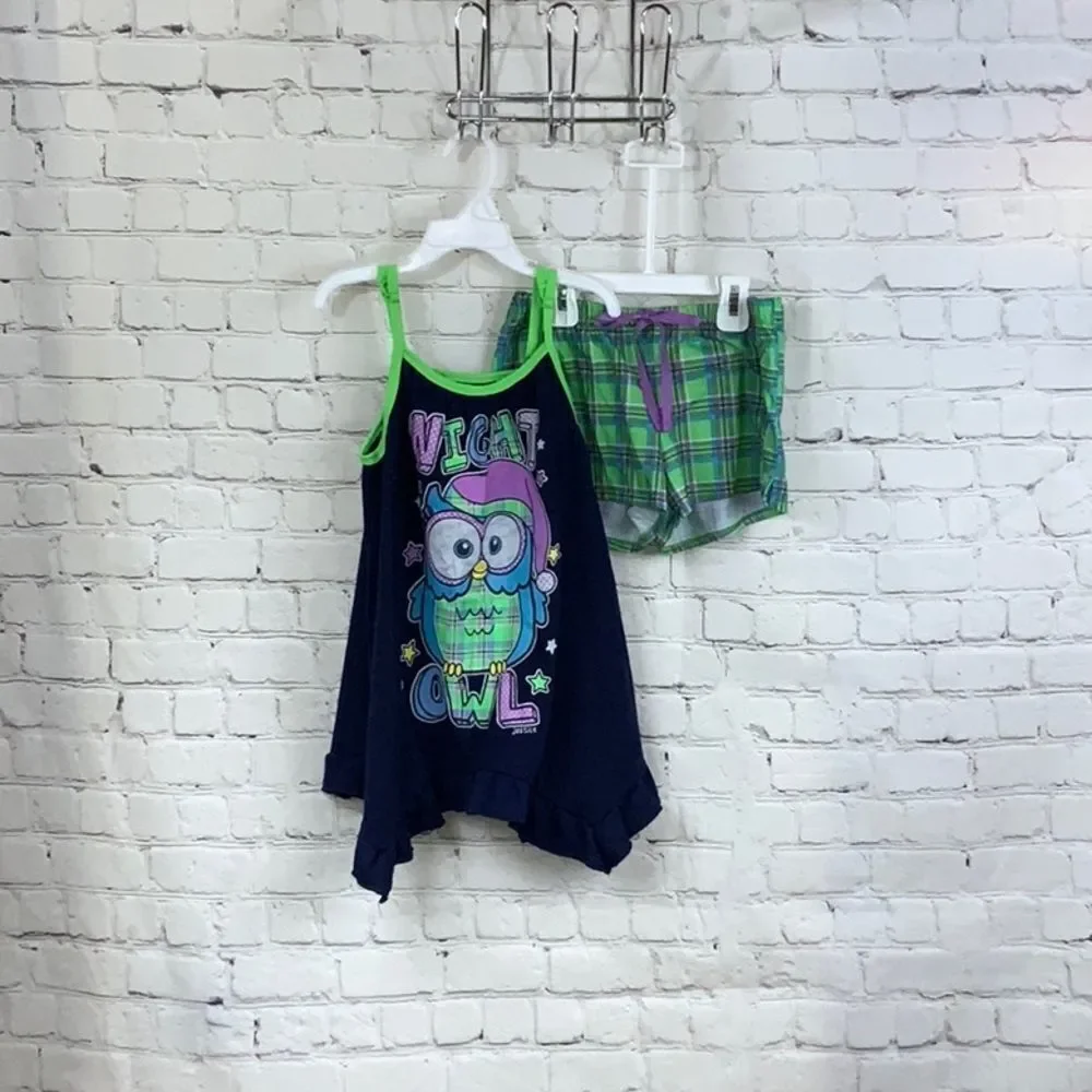 Justice 2pc Night Owl Pajama Set Girls Size 8 Navy Top Neon Green Plaid Short PJ
